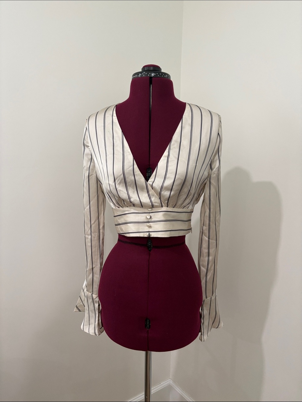 J.O.A. Ivory and Black Pinstripe Cropped Wrap Blouse